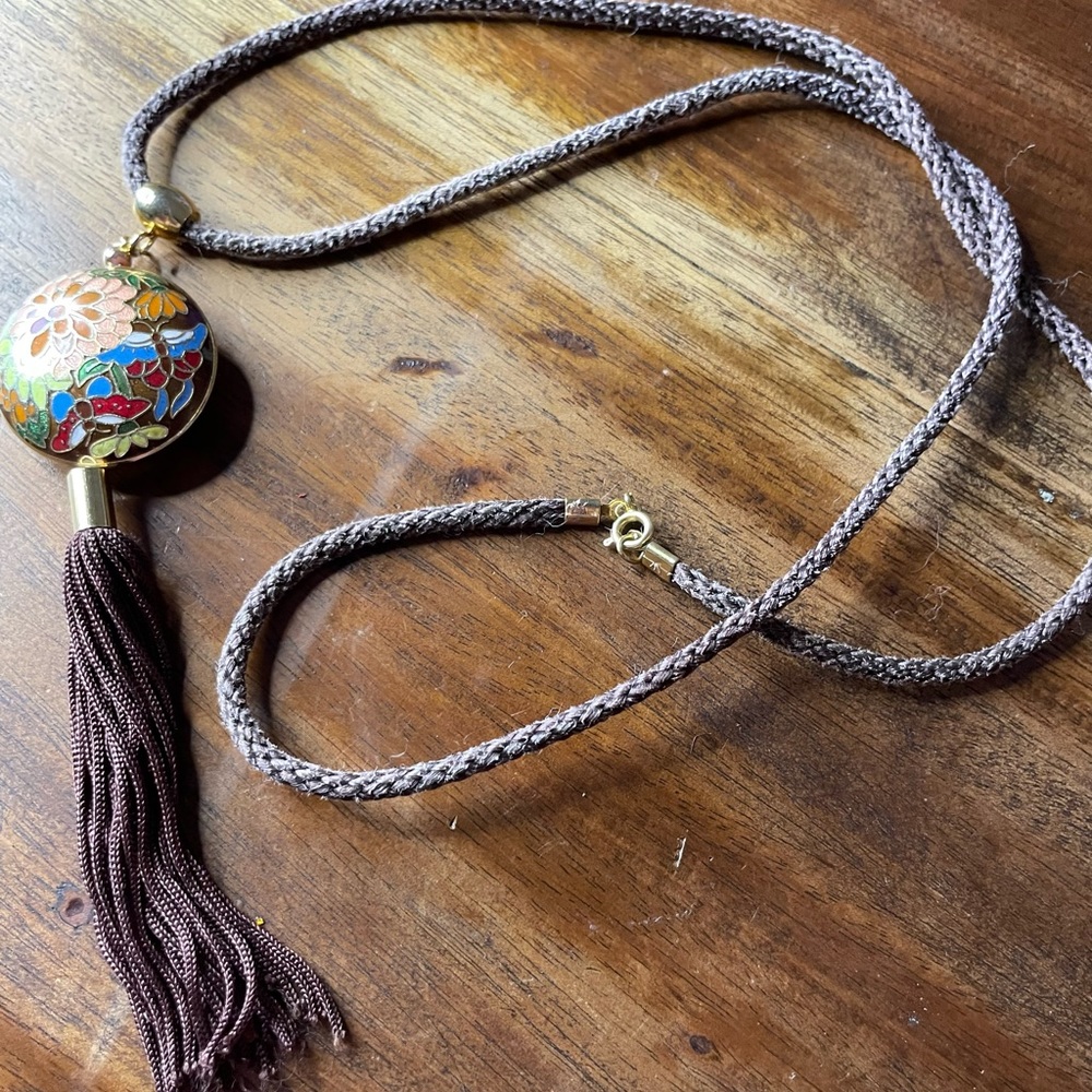 Vintage Tassel Asian Style Slide Pendant Necklace Japanese Flower Butterfly